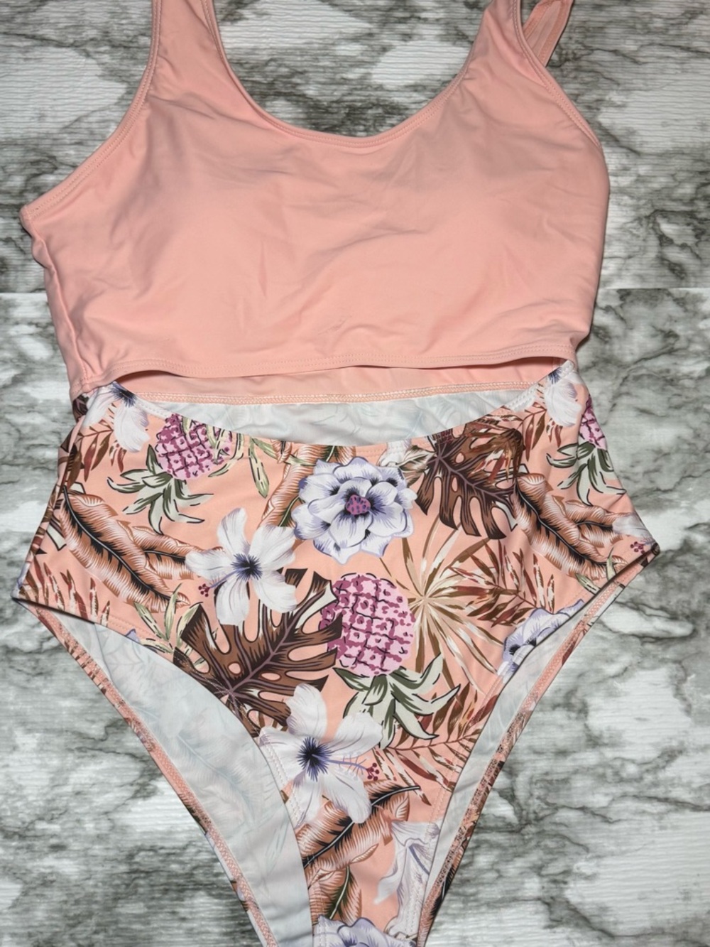 New Peach Floral Tropical One Piece Bathing Swim Suit W/cut Out Front Size L